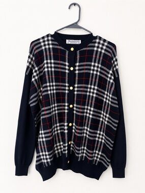 Burberry Navy Plaid Cardigan with Red and White Accents